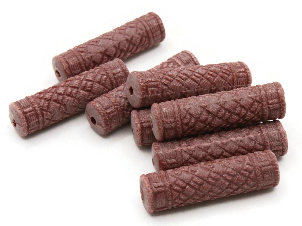 8 27mm Reddish Brown Vintage Plastic Crosshatch Patterned Tube Beads